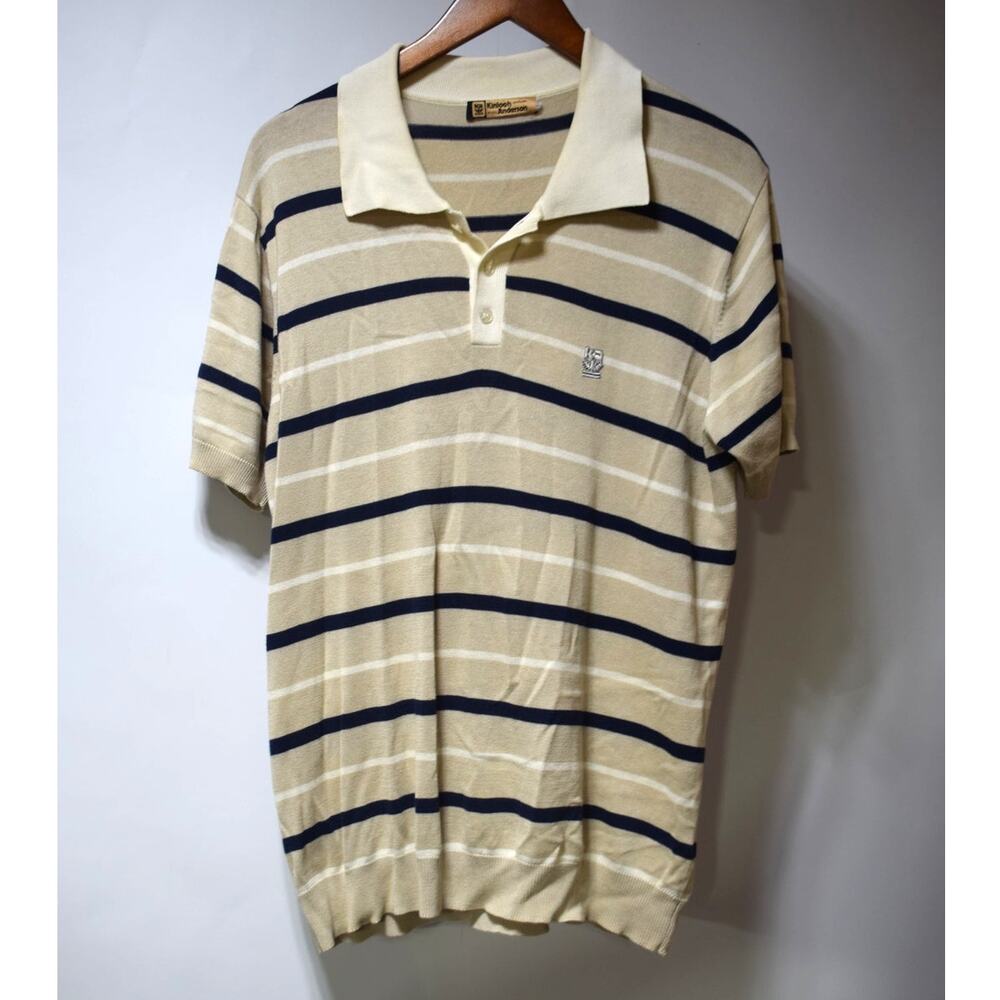 Kinloch Anderson Striped Knit Polo Shirt Mens Beige Navy Short Sleeve Medium